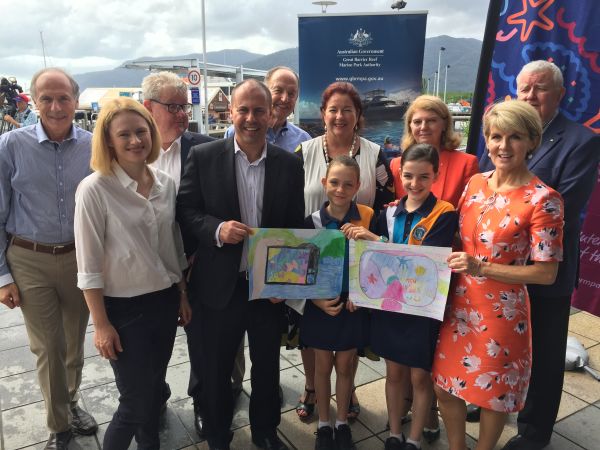 Cairns announcement group photo with Reef Guardian school children Katie and Molly Lord.JPG