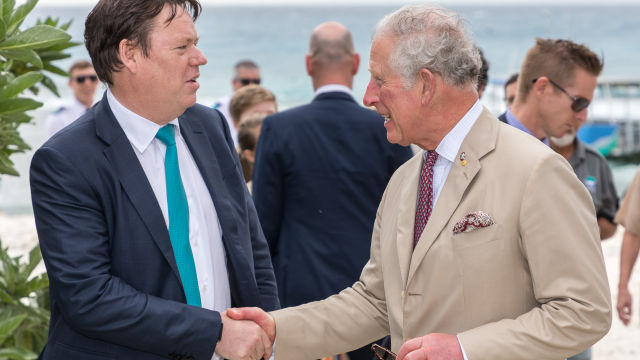 Lendlease's Steve McCann with The Prince of Wales on Lady Elliot Island for the announcement