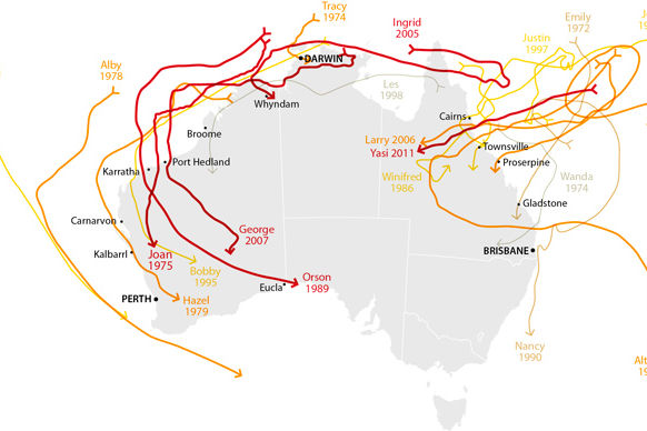 A map of Australia showing the cyclone paths of tropical storms that have crossed the country.